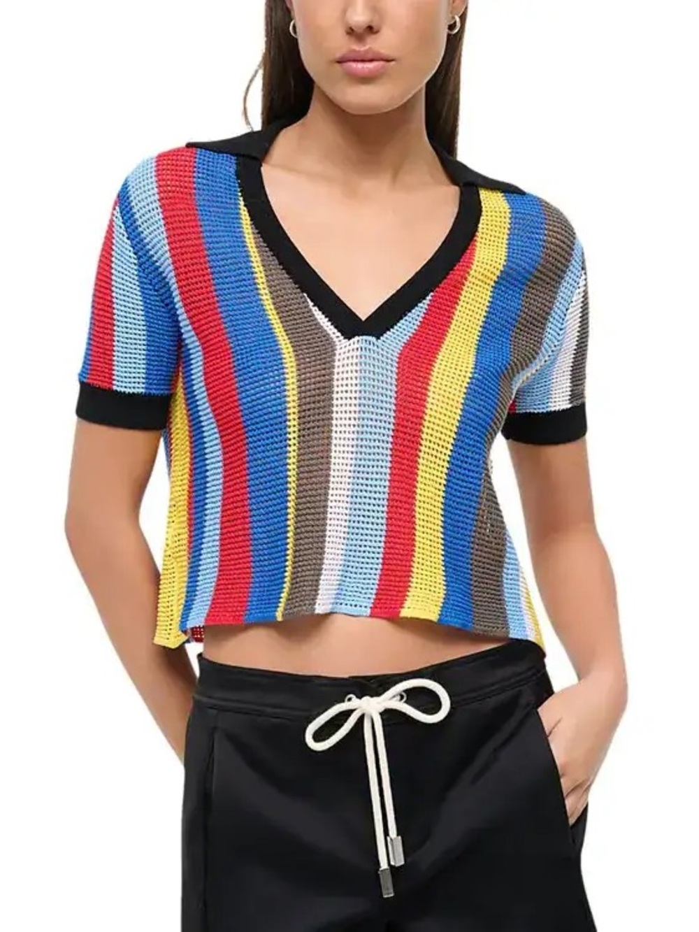 Staud Hamel cropped top swim cover-up in a vibrant market stripe pattern